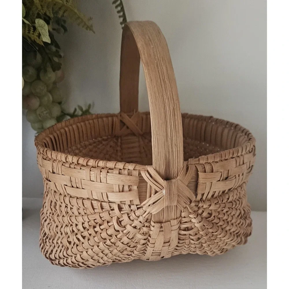 Antique Hand-Woven Gathering Basket Bentwood Handle 9
